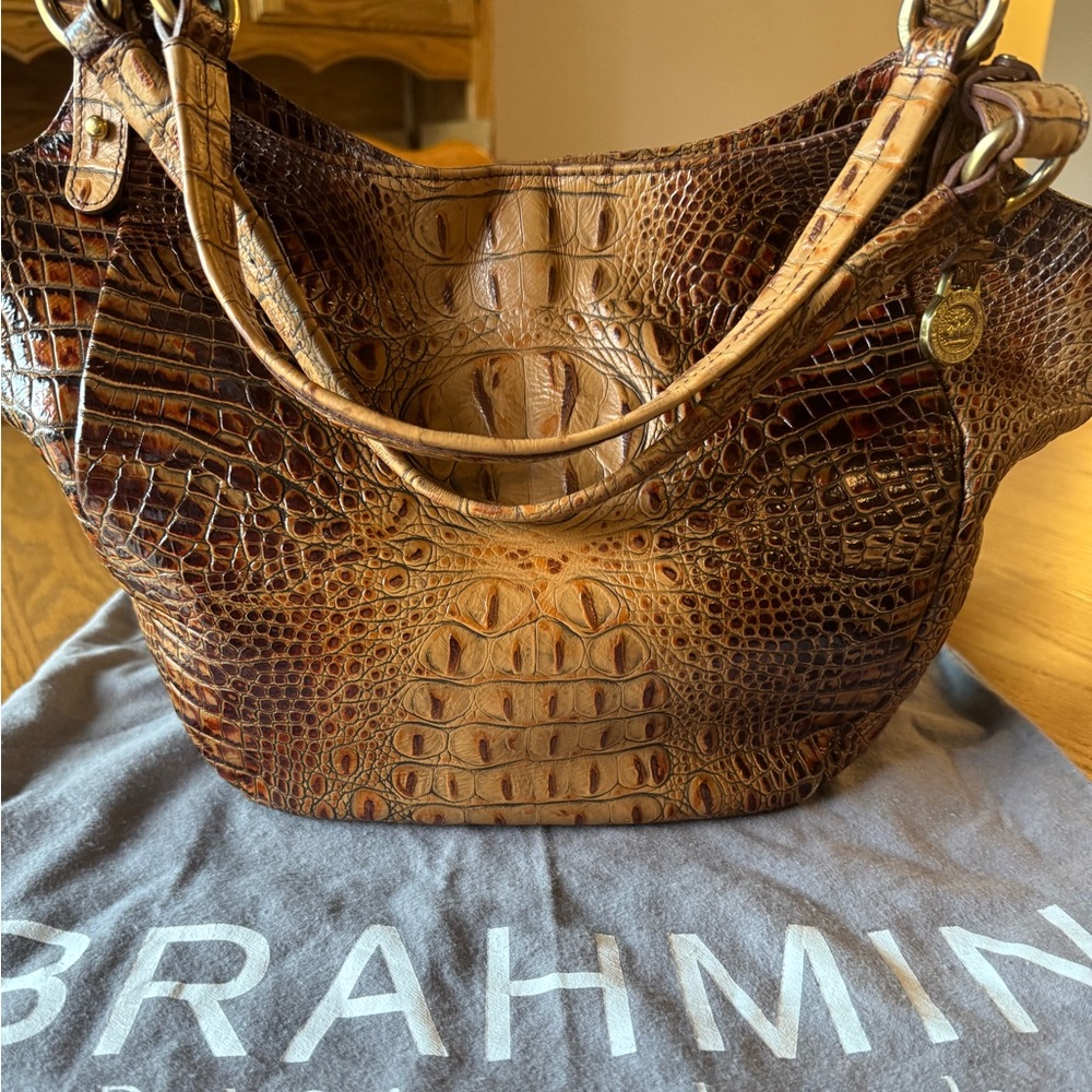 Brahmin Tan Crocodile-Embossed Shoulder Bag